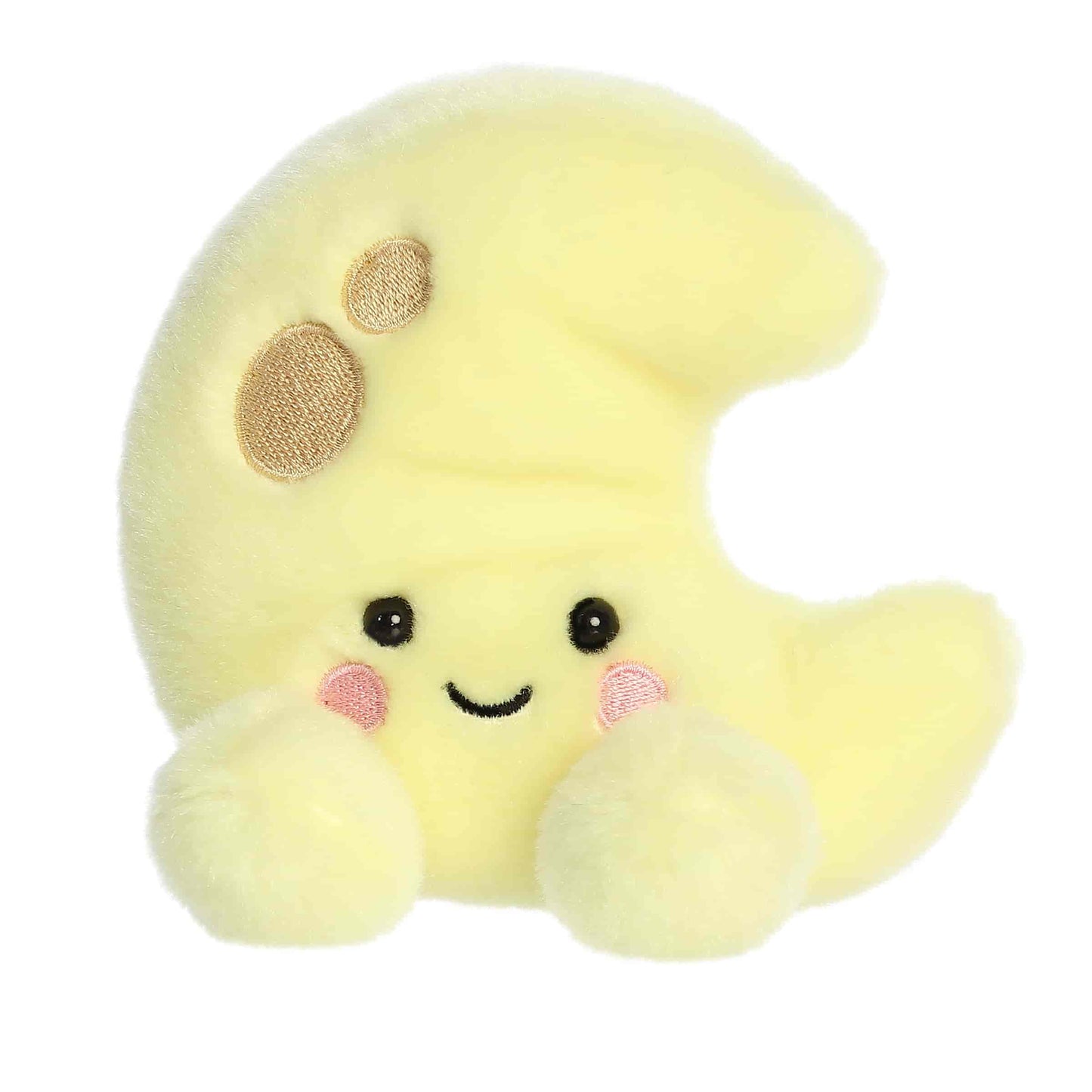Straight-on front view of the 5-inch Aurora Palm Pals Crescent Moon yellow plush featuring a sweet smile and rosy cheeks.