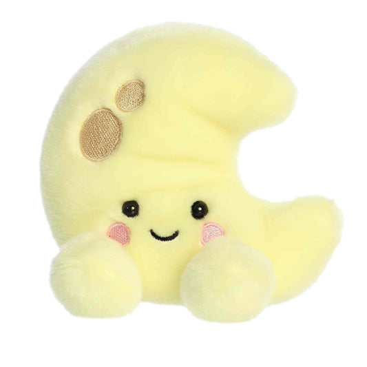 Straight-on front view of the 5-inch Aurora Palm Pals Crescent Moon yellow plush featuring a sweet smile and rosy cheeks.