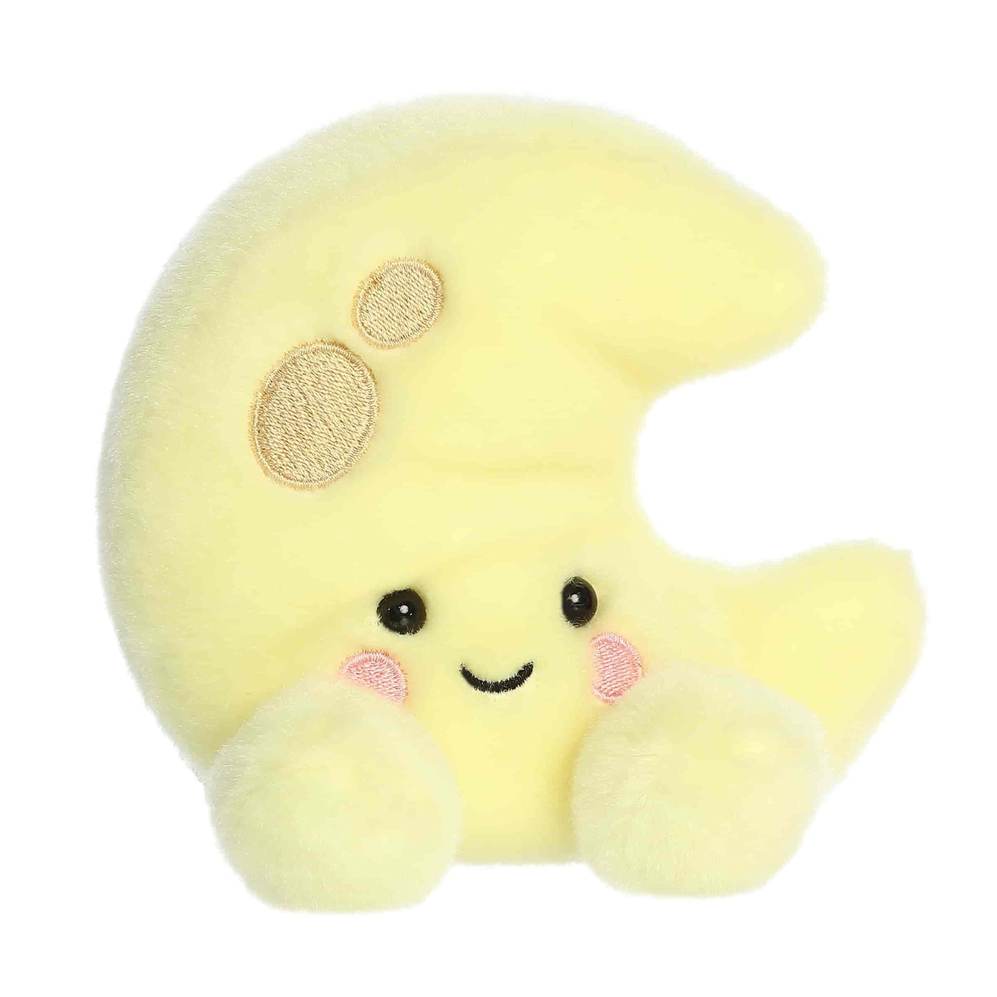 Angled front view of the soft yellow moon plush highlighting its crescent shape and little feet.
