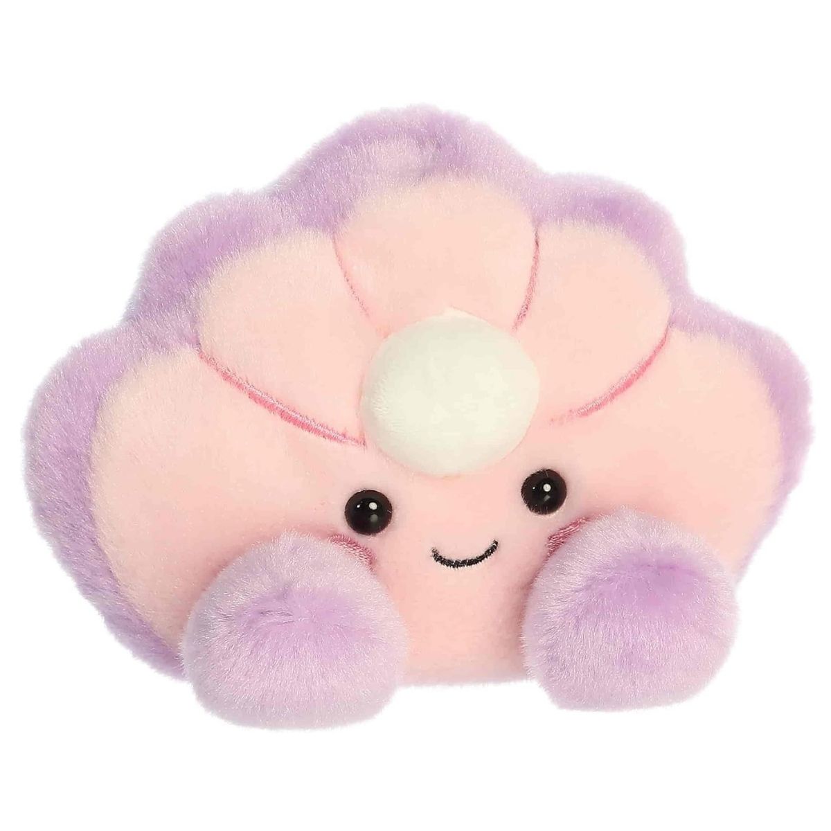 Angled front view of the soft pastel Palm Pals oyster plush smiling with its little purple feet.