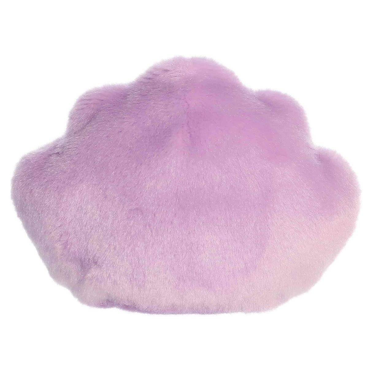 Direct back view of the cuddly purple Palm Pals oyster stuffed animal showing its textured shell back.