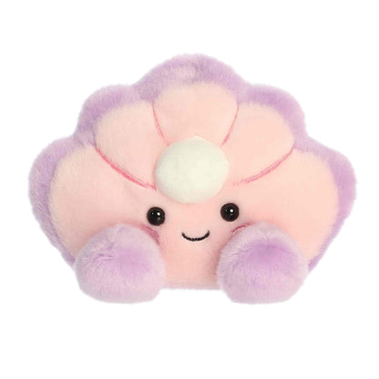 Straight-on front view of the 5-inch Aurora Palm Pals Odette Oyster plush featuring a pink and purple shell and a white pearl.