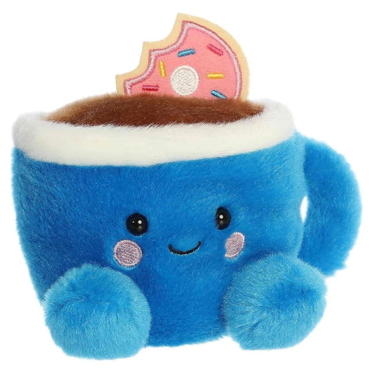 Angled front view of the soft blue Palm Pals coffee mug stuffed animal with a smiling face.