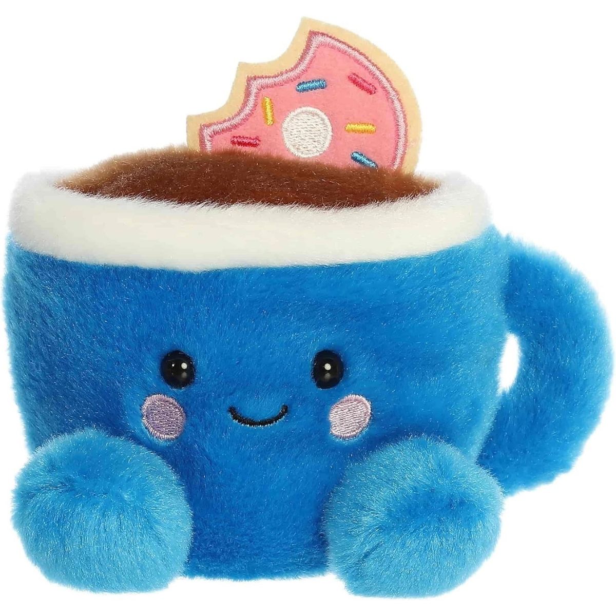 Front view of the 5-inch Aurora Palm Pals Tariq Coffee & Donut blue plush toy featuring a dunked pink donut.