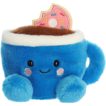 Front view of the 5-inch Aurora Palm Pals Tariq Coffee & Donut blue plush toy featuring a dunked pink donut.