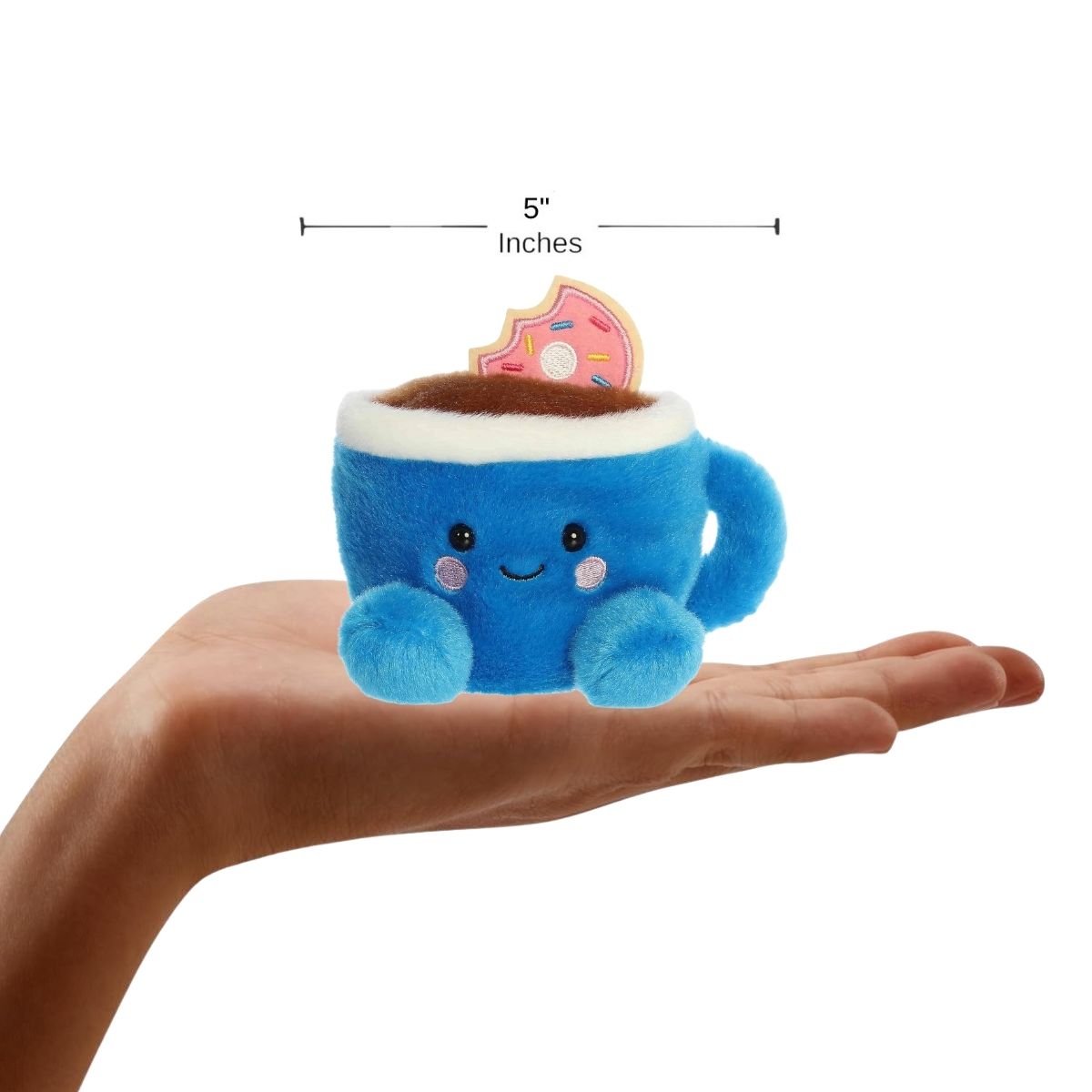 view of the 5-inch Aurora Palm Pals Tariq Coffee & Donut blue plush toy featuring a dunked pink donut.