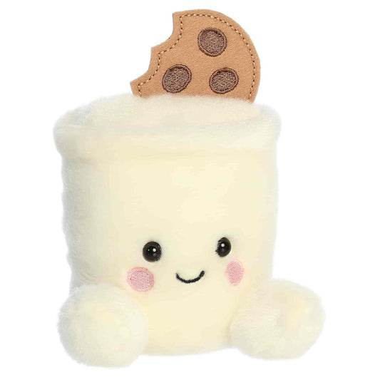 Angled front view of the soft white milk plush highlighting the chocolate chip cookie on top.