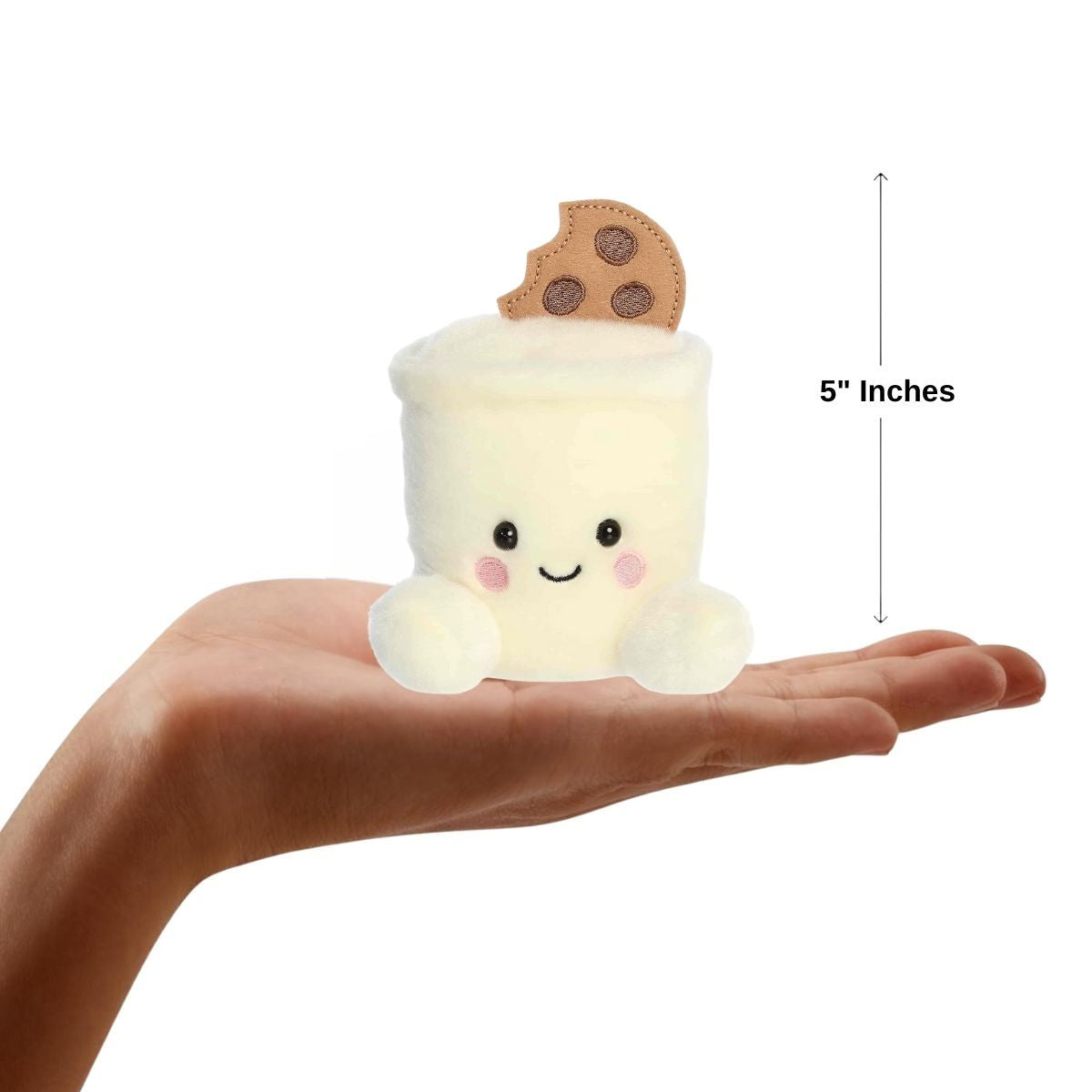 Dimension graphic showing the 5-inch Aurora Palm Pals Duncan Milk & Cookies plush featuring a sweet smile and rosy cheeks.
