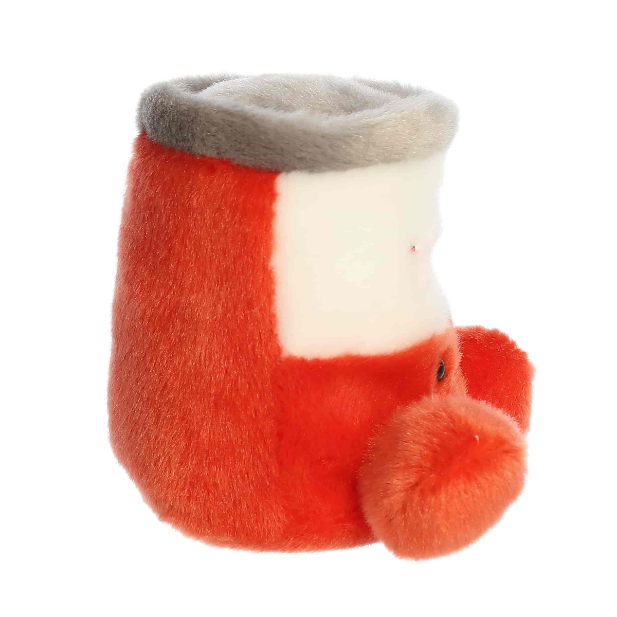 Side profile view of the Palm Pals soup can highlighting its cylindrical shape, grey top rim, and plush red feet.