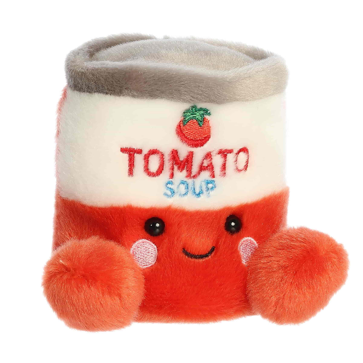 Front angled view of the 5-inch Aurora Palm Pals Andy Tomato Soup Can plush toy featuring a red and white body with a smiling kawaii face.
