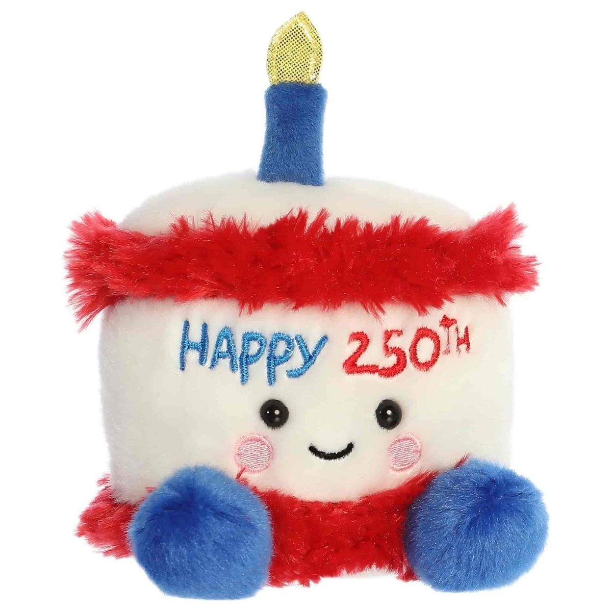 Angled front view of the 5-inch Aurora Palm Pals America Bday Cake plush toy featuring "HAPPY 250TH" embroidery and a blue candle.