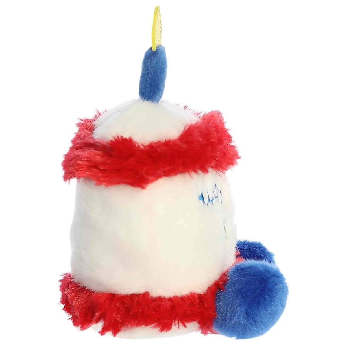 Side profile of the Aurora Palm Pals patriotic birthday cake plush highlighting its round shape and candle.