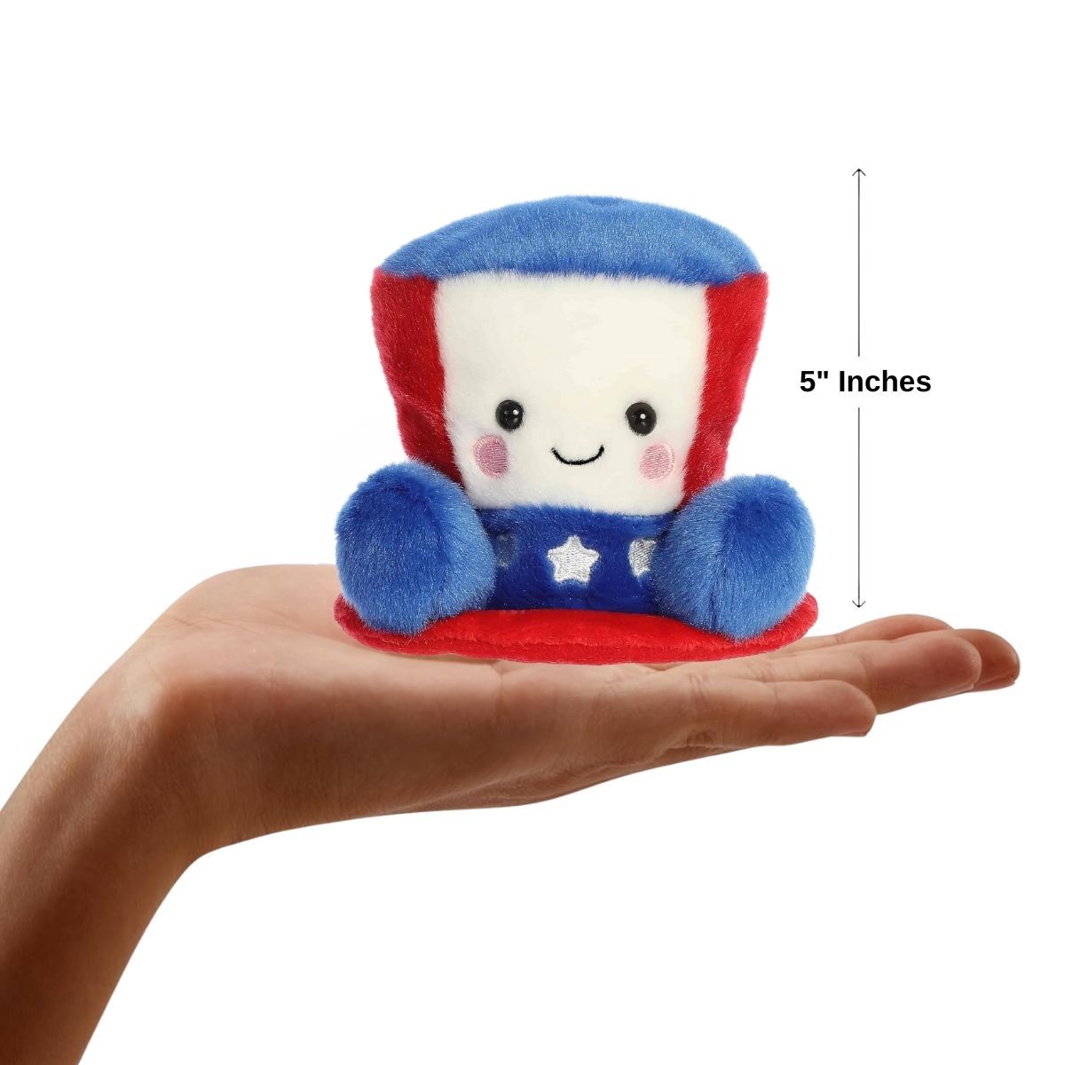 Dimension graphic showing the 5-inch Aurora Palm Pals Freedom Hat resting comfortably in a person's hand.