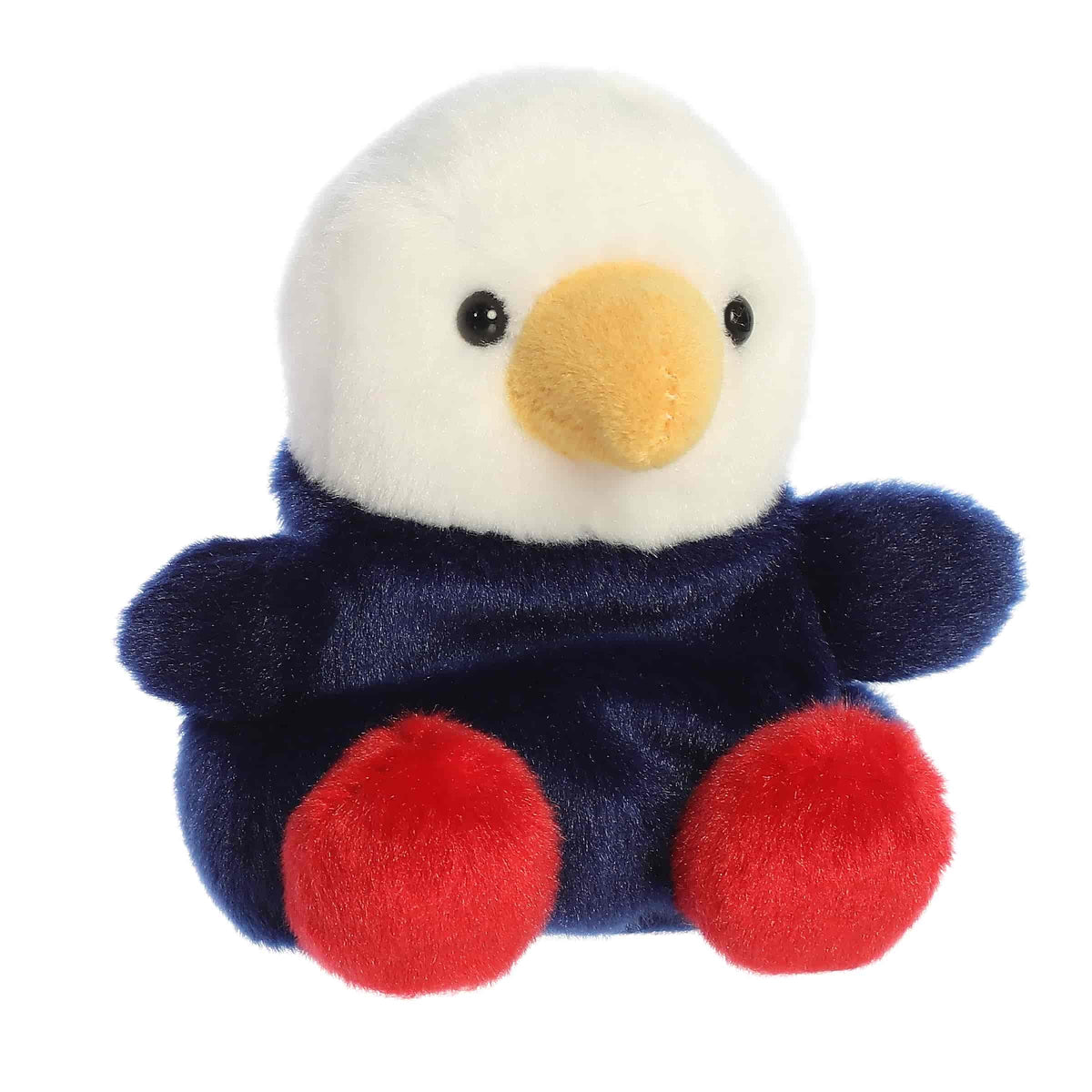 Angled front view of the soft red, white, and blue Palm Pals bald eagle plush sitting upright.