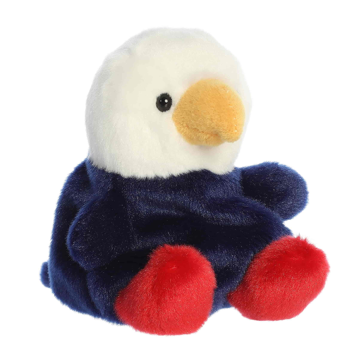 Slightly angled side view of the Aurora Palm Pals Patriot Eagle plush highlighting its yellow beak and round shape.