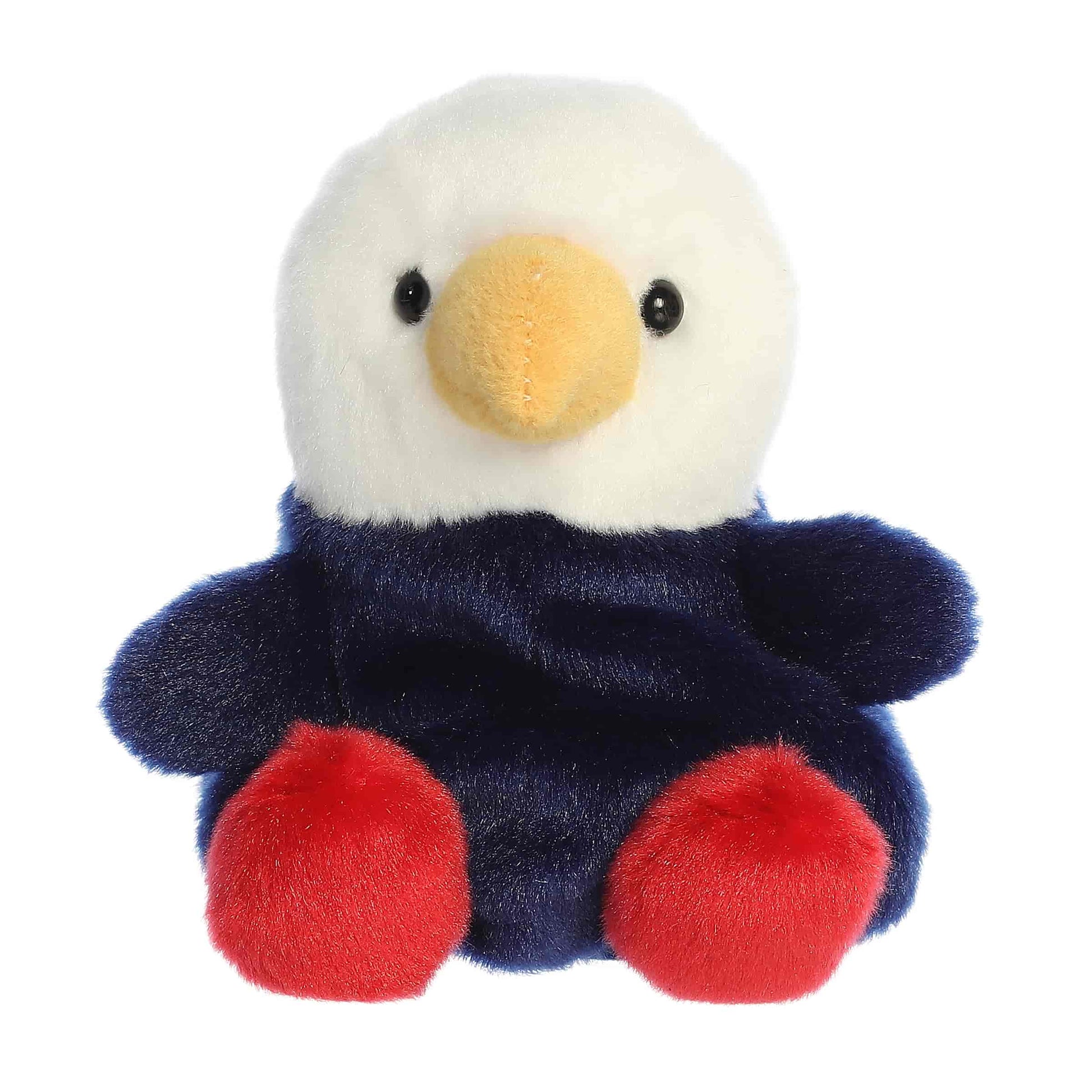 Front view of the 5-inch Aurora Palm Pals Patriot Eagle stuffed toy with a white head, blue body, and red feet.