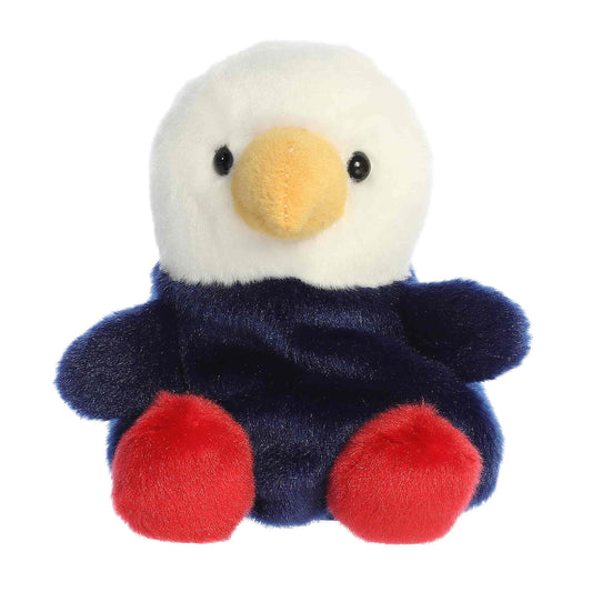 Front view of the 5-inch Aurora Palm Pals Patriot Eagle stuffed toy with a white head, blue body, and red feet.