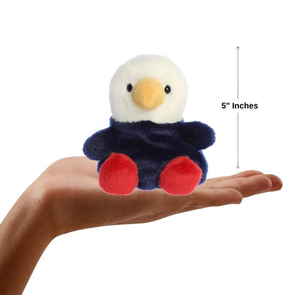 Dimension graphic showing the 5-inch Aurora Palm Pals Patriot Eagle resting comfortably in a person's hand.