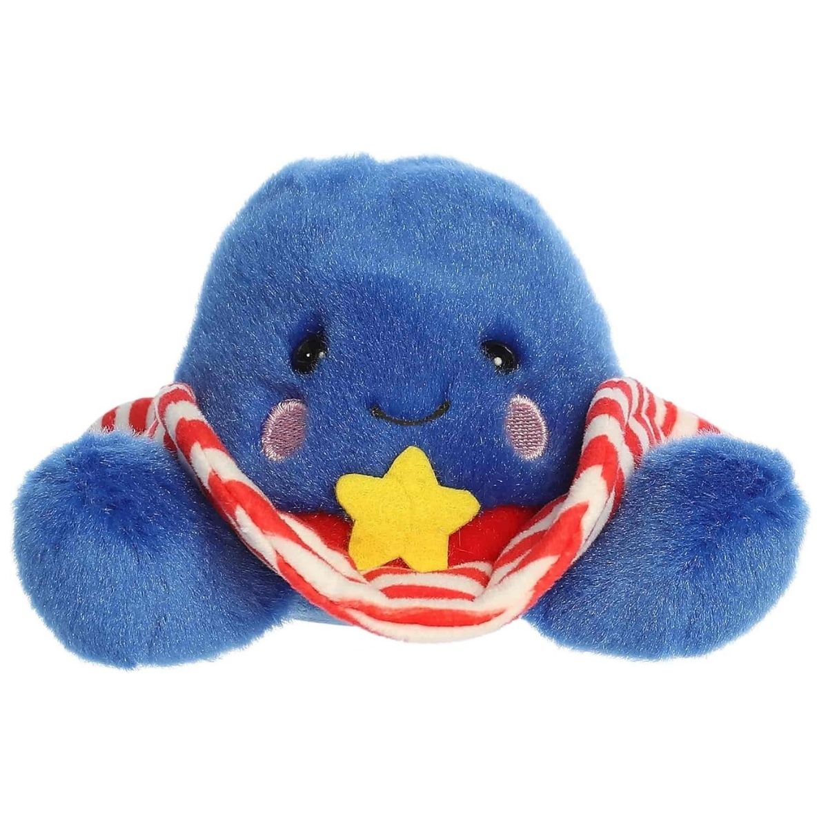 Straight front sitting view of the blue cowboy hat plush showing its red and white striped brim, rosy cheeks, and plush little blue feet.