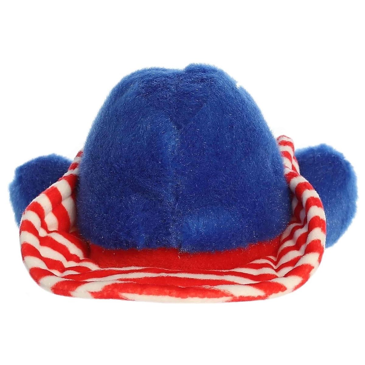 Back view of the Aurora patriotic hat plush showcasing its soft, solid blue crown and the back edge of the striped brim.