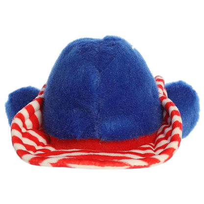 Back view of the Aurora patriotic hat plush showcasing its soft, solid blue crown and the back edge of the striped brim.