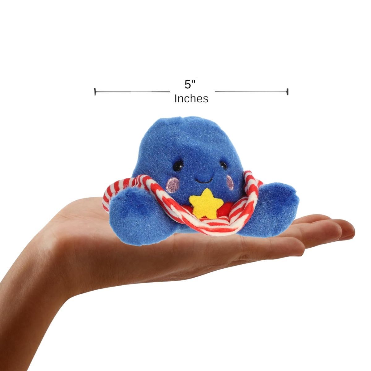Sizing graphic showing the 5-inch Palm Pals Star Cowboy Hat plush sitting perfectly in the palm of a hand to demonstrate its small scale.