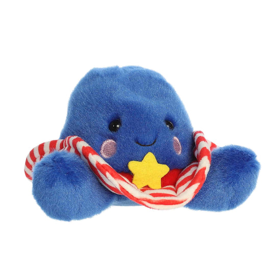 Front view of the 5-inch Aurora Palm Pals Star Cowboy Hat plush toy featuring a blue crown, striped brim, yellow star, and sweet kawaii face.