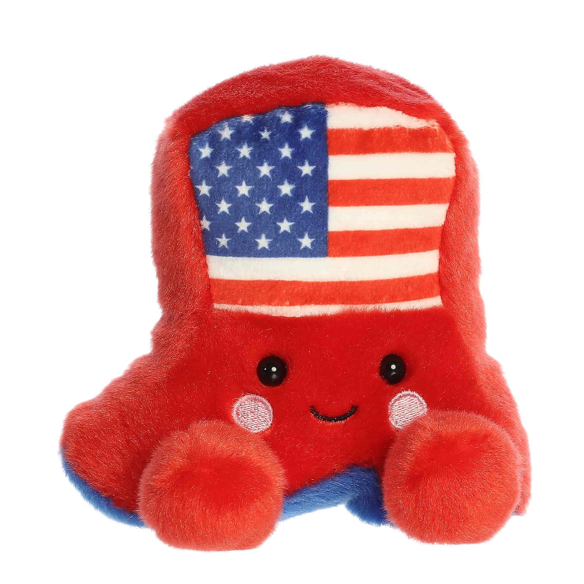 Front view of the 5-inch Aurora Palm Pals Stripes Cowboy Boot plush toy featuring a red body, American flag pattern, and sweet kawaii face.
