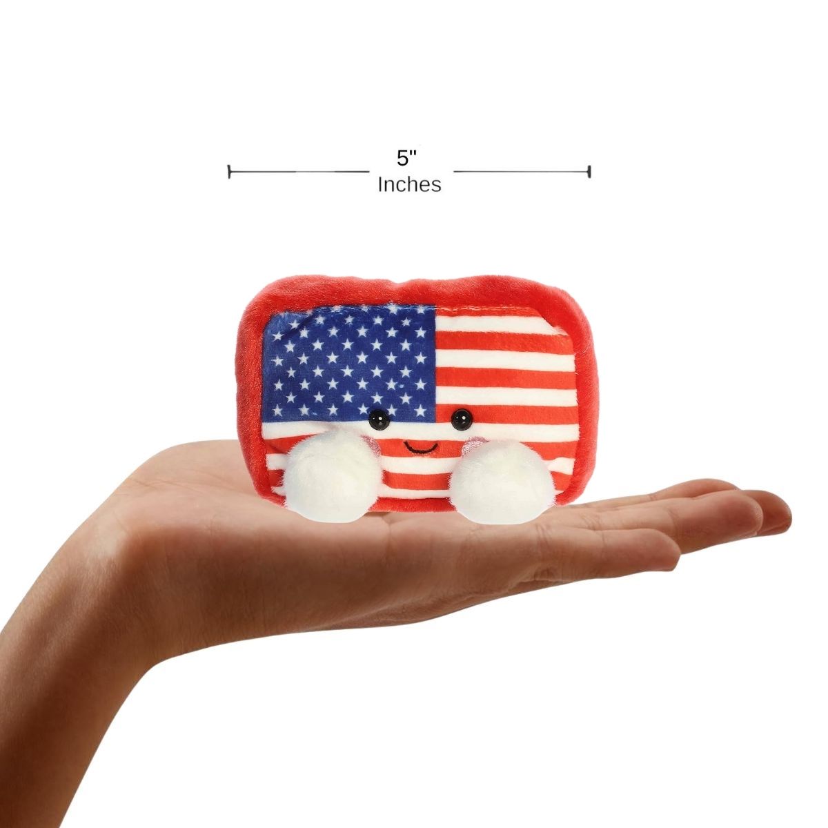 Dimension graphic showing the 5-inch Aurora Palm Pals Indivisible Flag resting comfortably in a person's hand.