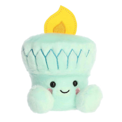 Angled front view of the 5-inch Aurora Palm Pals Republic Torch mint blue plush toy with a yellow flame.