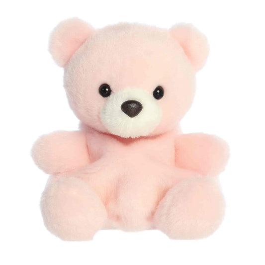 Straight-on front view of the 5-inch Aurora Palm Pals Bailey Bear light pink stuffed animal sitting upright.
