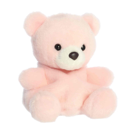 Angled front view of the soft pastel pink Palm Pals bear plush.