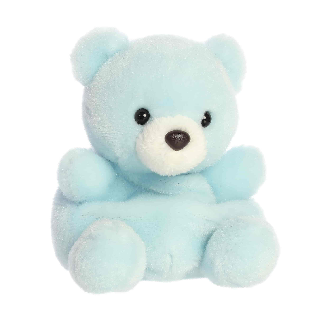 Straight front sitting view of the light blue Benny Bear plush showing its round ears and black button nose.