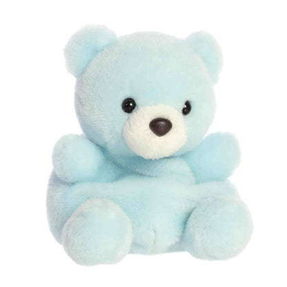 Straight front sitting view of the light blue Benny Bear plush showing its round ears and black button nose.