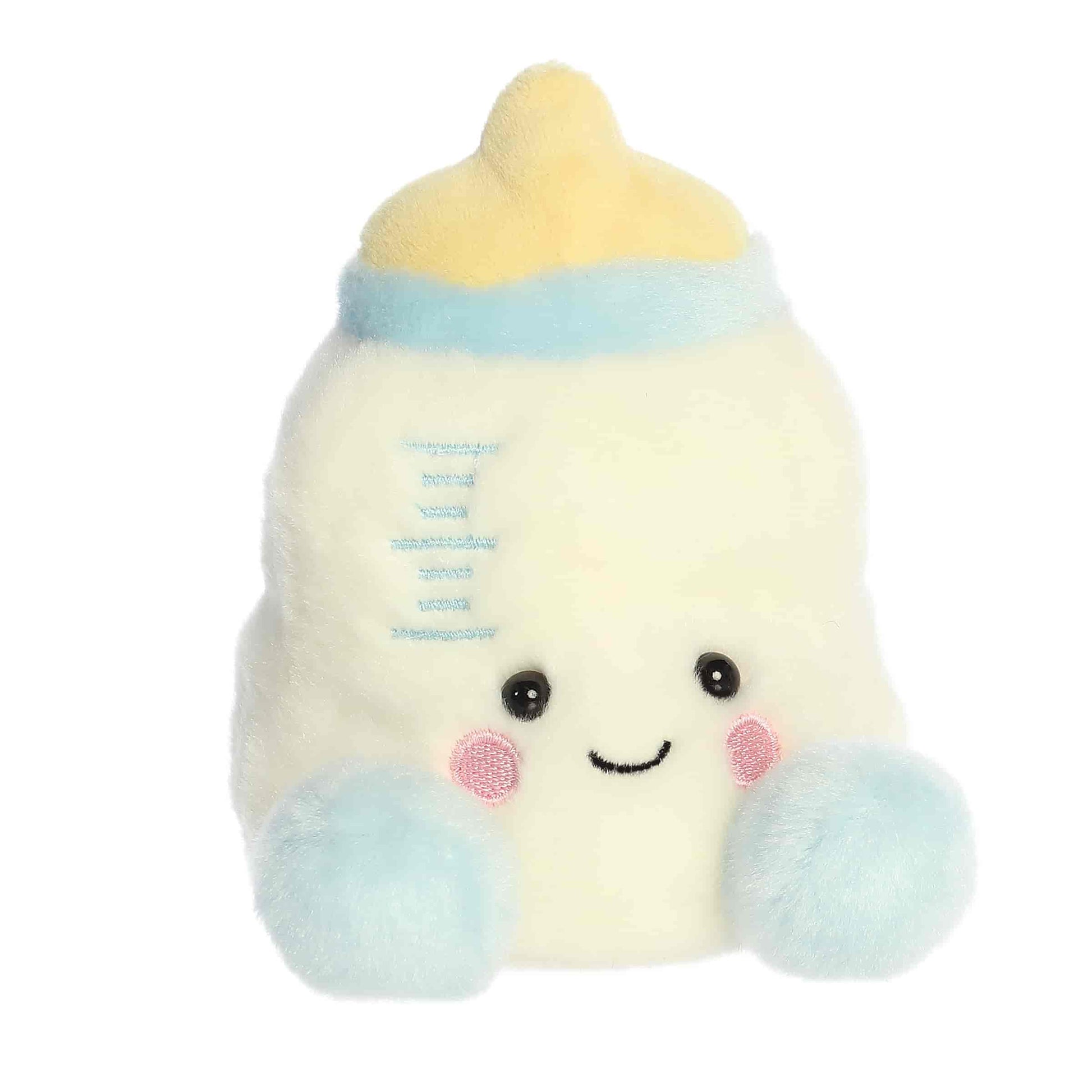 Front view of the 5-inch Aurora Palm Pals Theo Baby Bottle plush toy featuring a white body, pastel blue accents, and a sweet kawaii face.