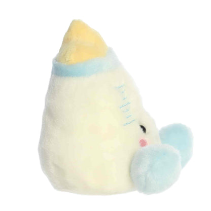Side profile view of the Palm Pals Theo Baby Bottle highlighting its plump shape and soft blue plush feet.
