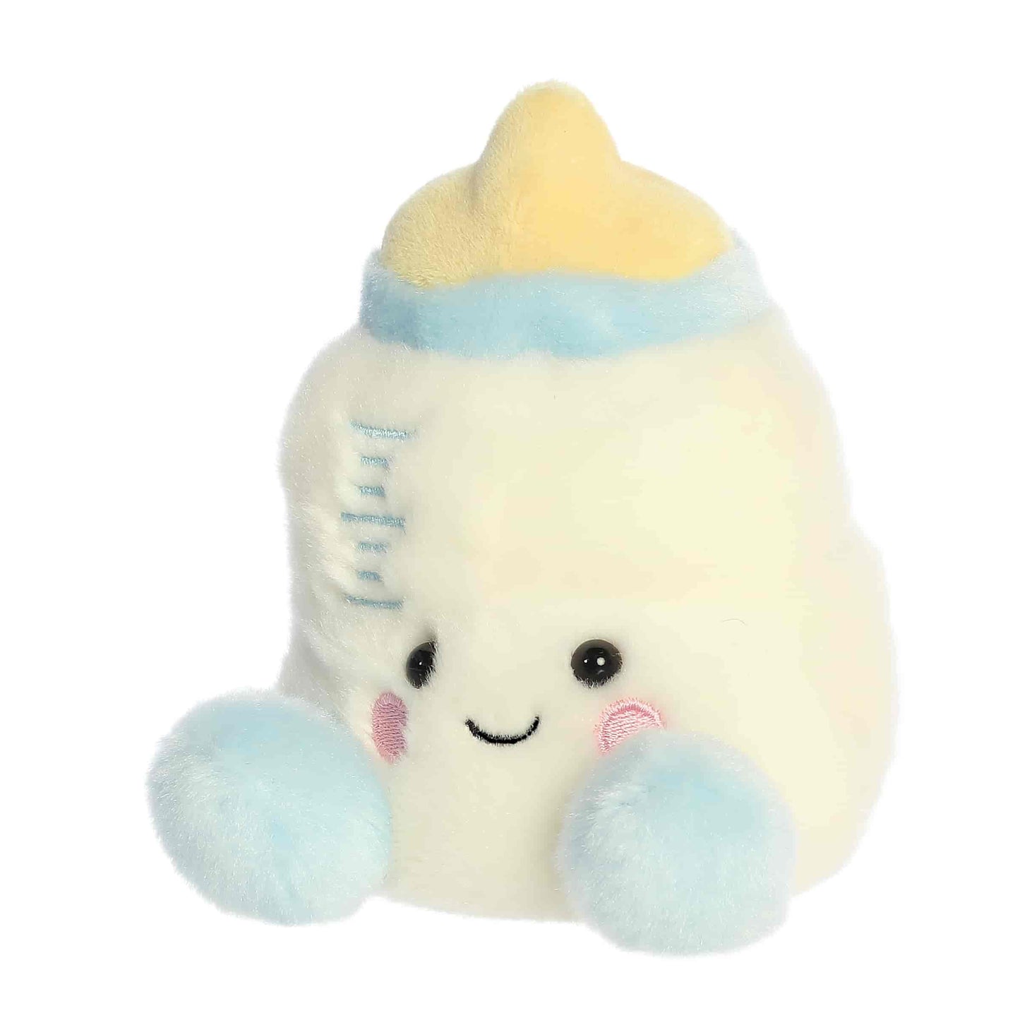 Angled front view of the smiling Theo Baby Bottle sitting happily on its two light blue feet.