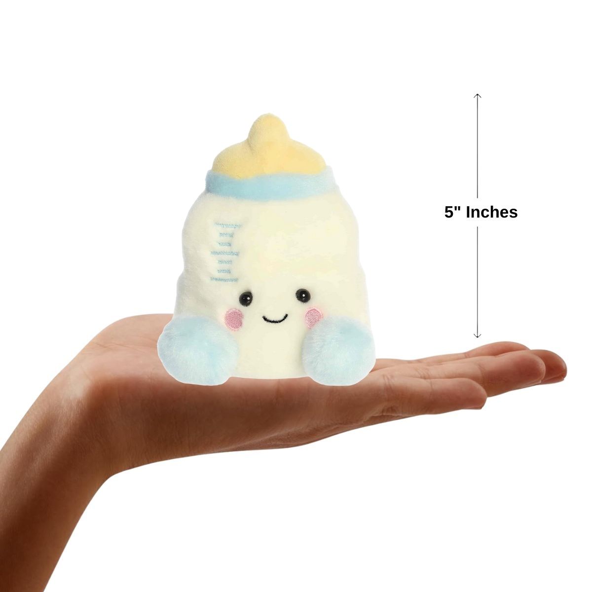 Sizing graphic showing the 5-inch Palm Pals Theo Baby Bottle plush sitting perfectly in the palm of a hand to demonstrate its small scale.