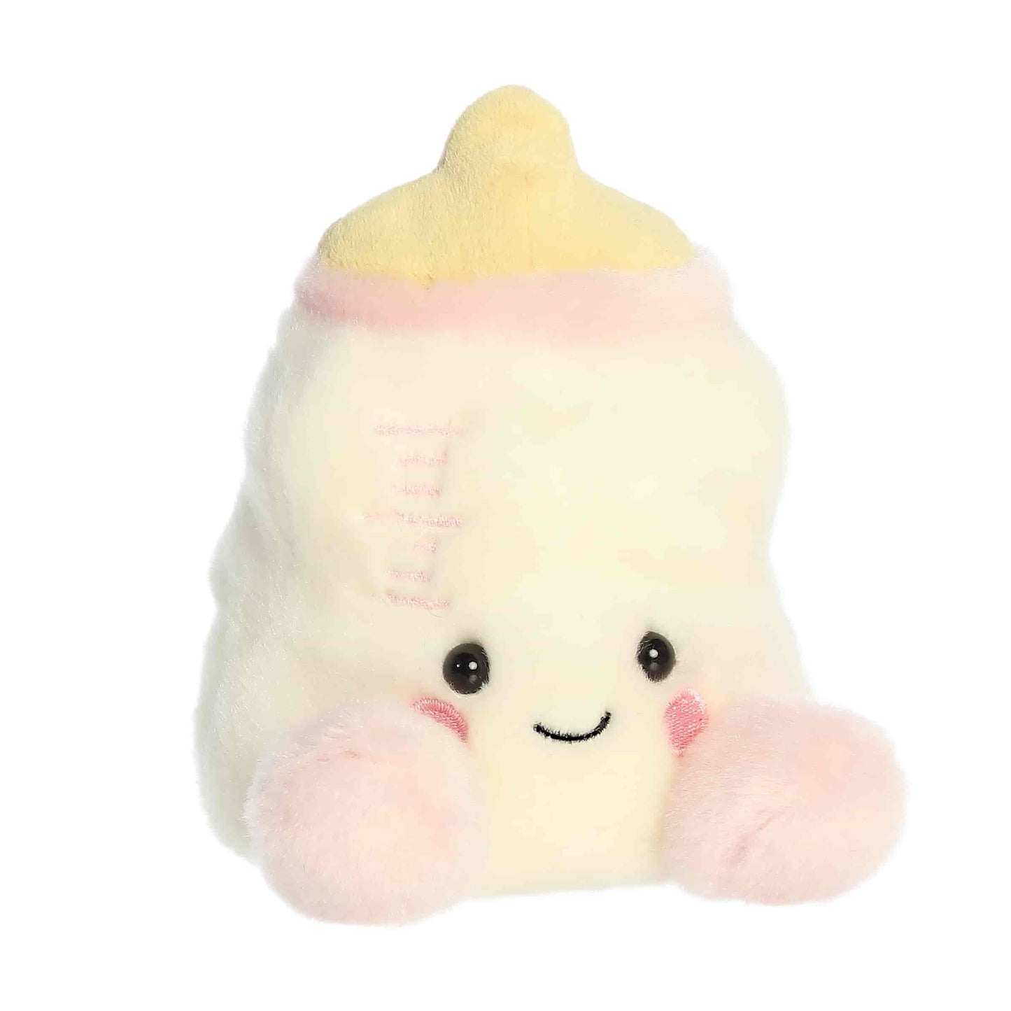 Front view of the 5-inch Aurora Palm Pals Thea Baby Bottle plush toy featuring a yellow top and pink accents.