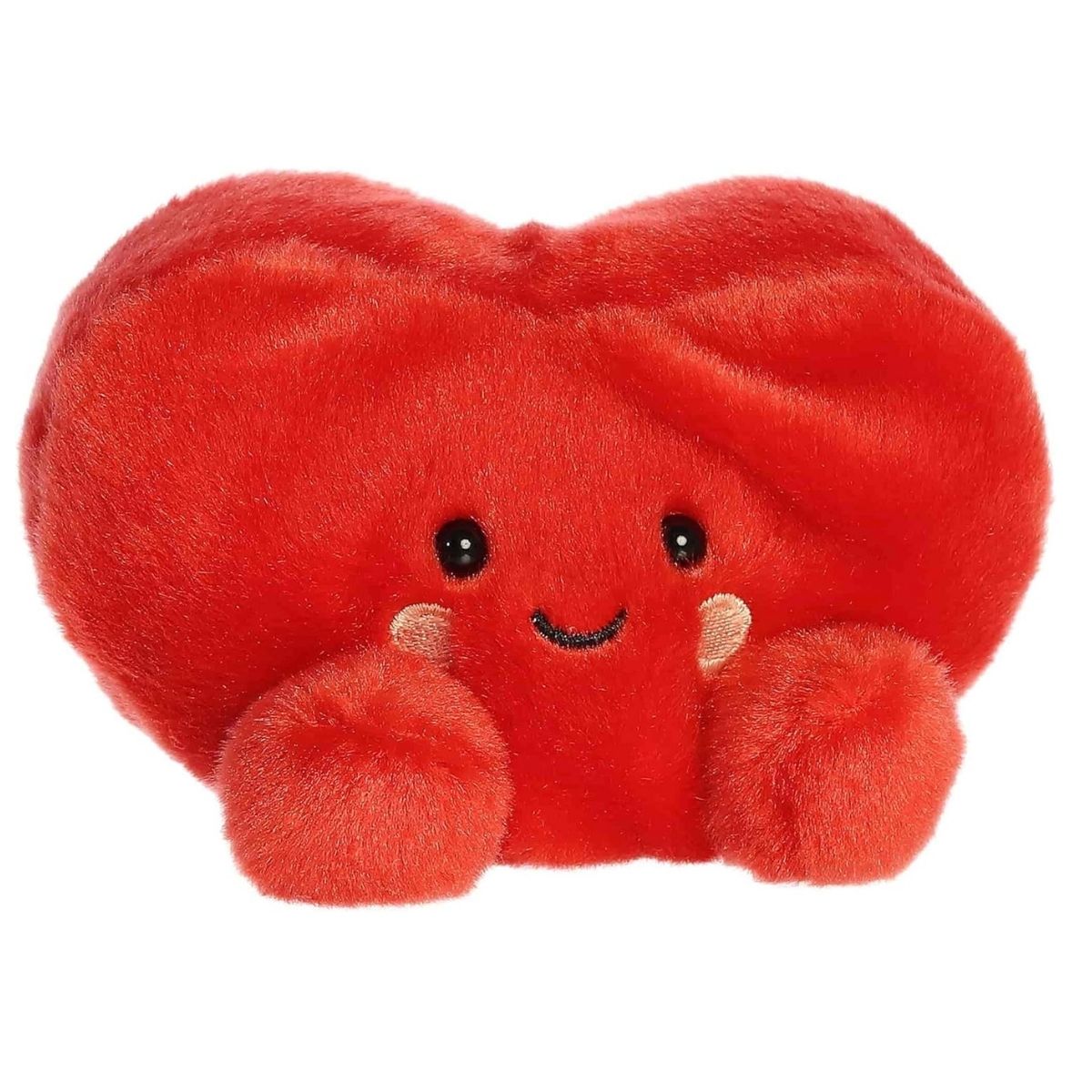 Angled front view of the 5-inch Aurora Palm Pals Amore Heart red stuffed animal sitting upright.