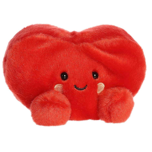 Angled front view of the 5-inch Aurora Palm Pals Amore Heart red stuffed animal sitting upright.