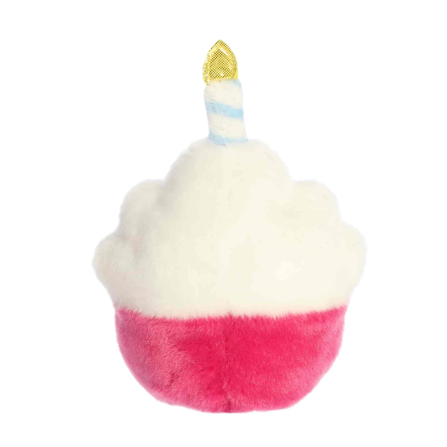 Back view of the cuddly pink and white Palm Pals cupcake stuffed toy showing the plain white frosting back.