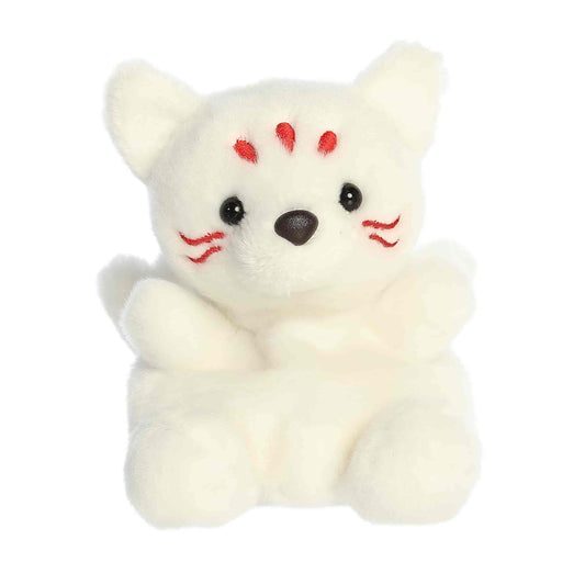 Straight-on front view of the 5-inch Aurora Palm Pals Akari Kitsune white stuffed animal featuring red face markings.