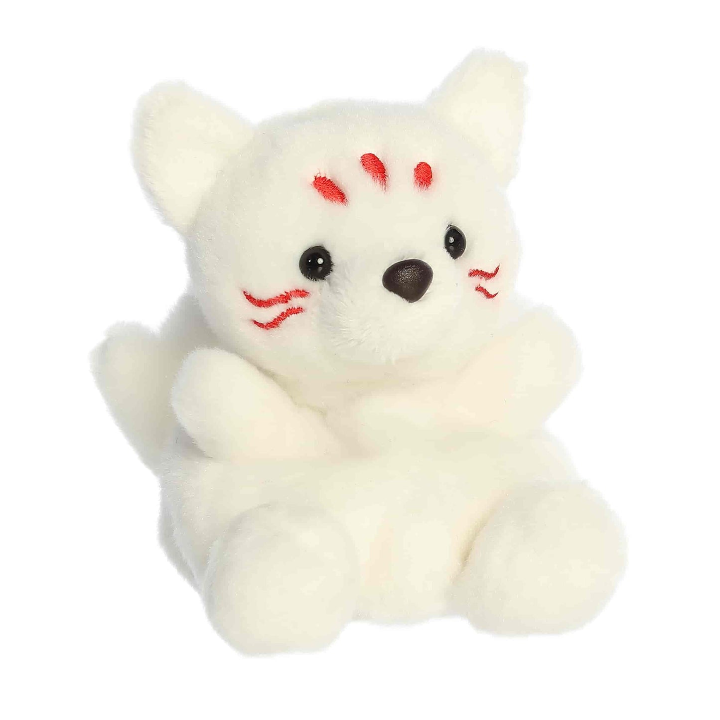 Angled front view of the soft white Palm Pals mythical fox plush showing its multiple tails in the back.
