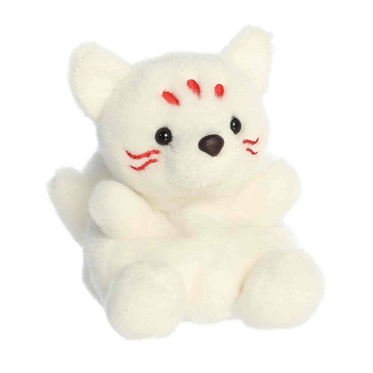 Angled front view of the soft white Palm Pals mythical fox plush showing its multiple tails in the back.