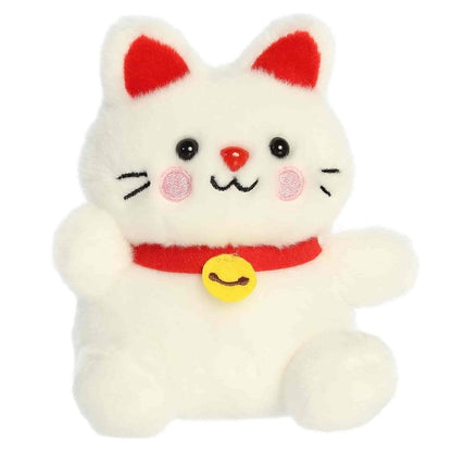 Front view of the 5-inch Aurora Palm Pals Kota Lucky Cat plush toy featuring a white body, raised paw, and red collar with a yellow charm.