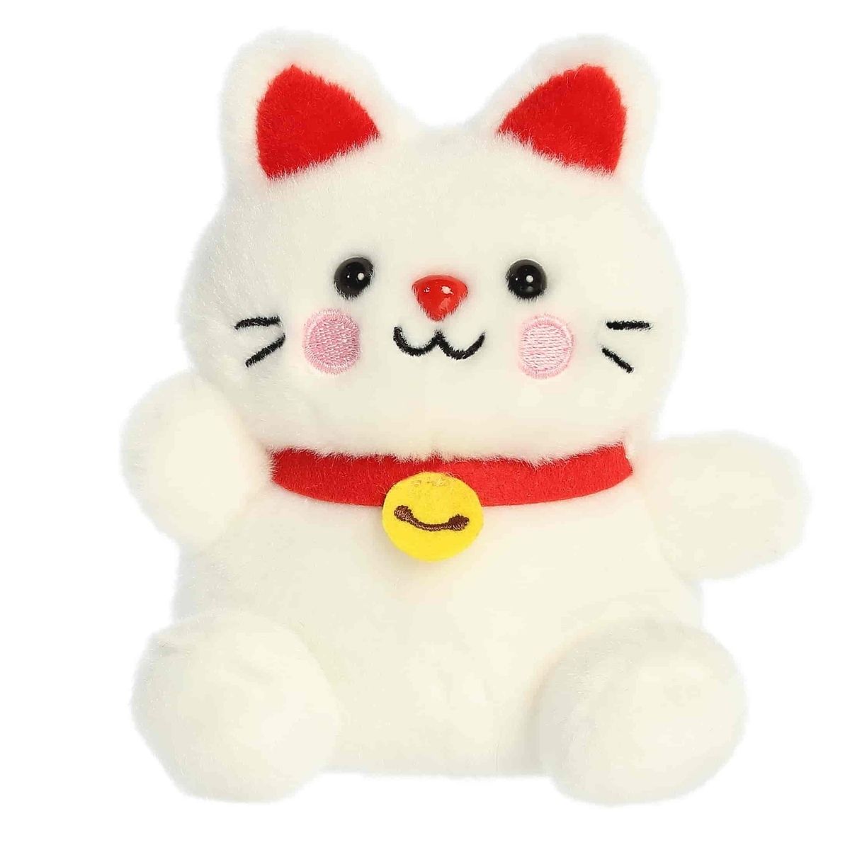 Straight front sitting view of the white lucky cat plush showing its rosy cheeks, red nose, and beckoning raised paw.