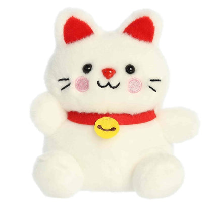 Straight front sitting view of the white lucky cat plush showing its rosy cheeks, red nose, and beckoning raised paw.