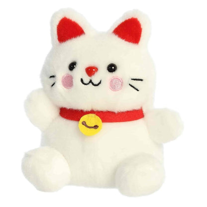 Angled front view of the smiling Kota Lucky Cat sitting happily with its left paw raised in the air.