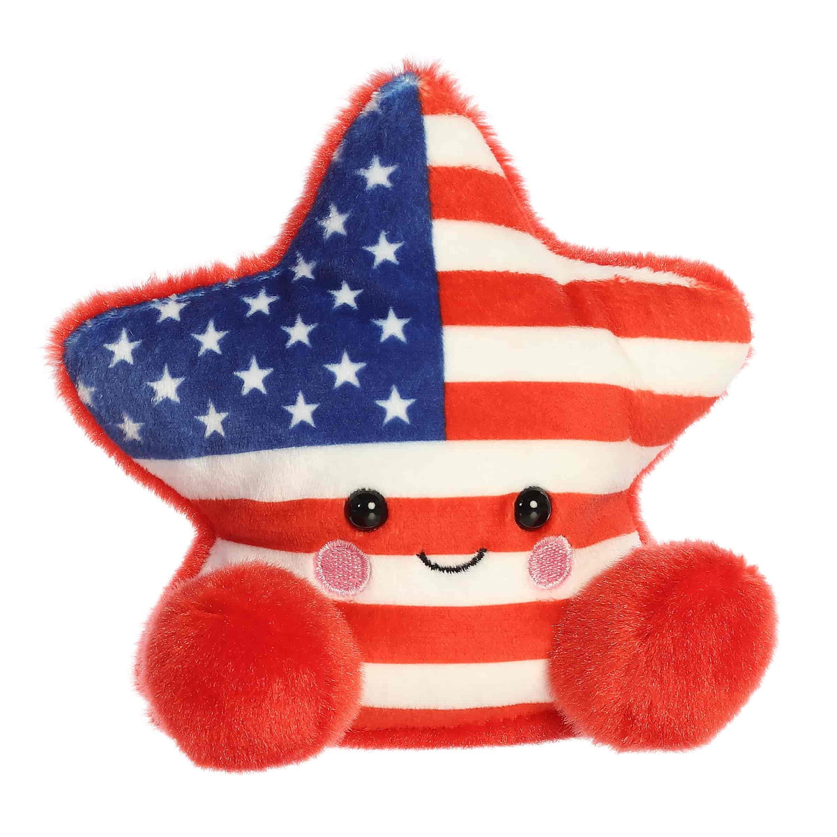 Front view of the 5-inch Aurora Palm Pals Americana Star plush toy featuring an American flag pattern and a sweet kawaii face with red feet.